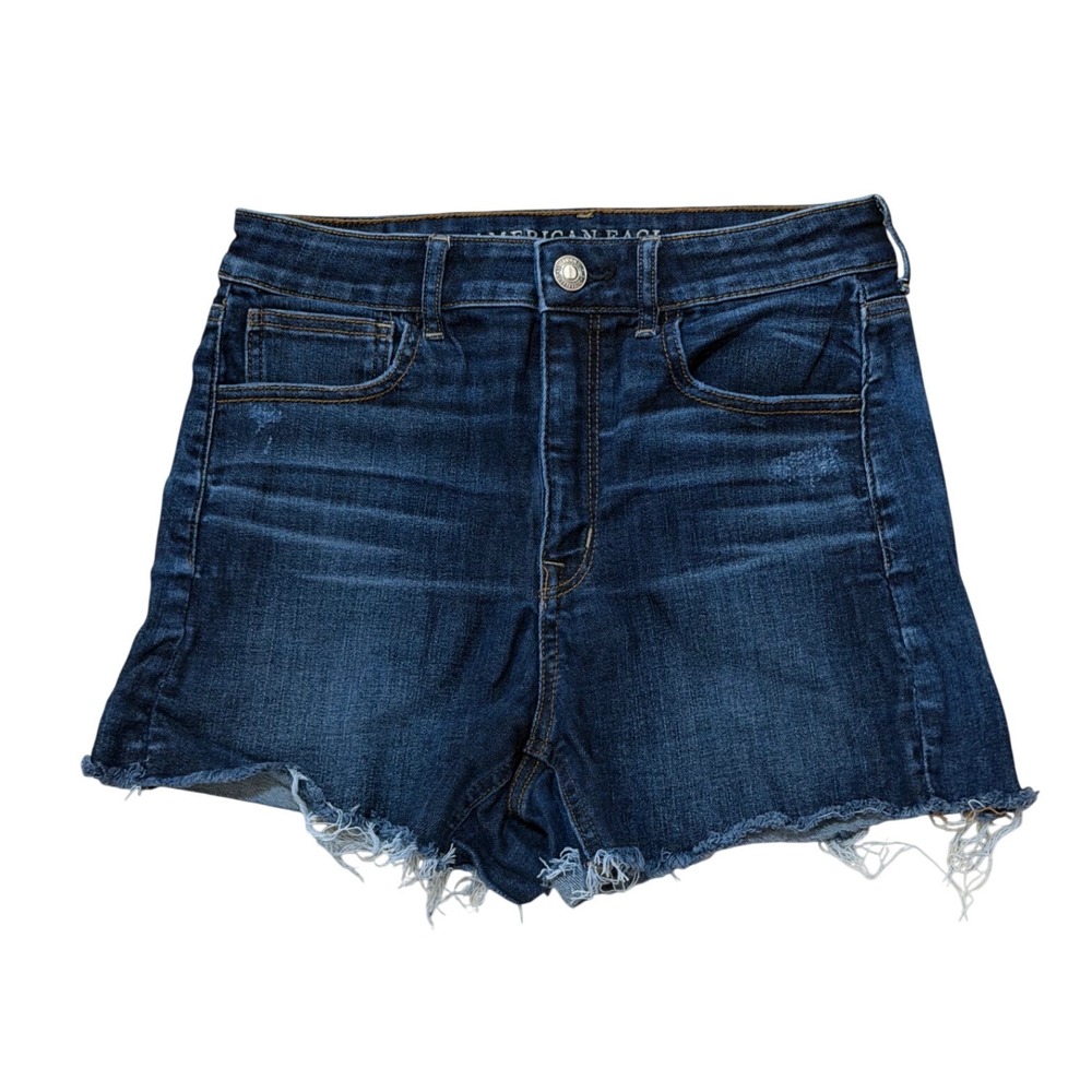 American Eagle Super Hi-Rise Shortie Dark Wash Raw Hem Denim Shorts Women's 8